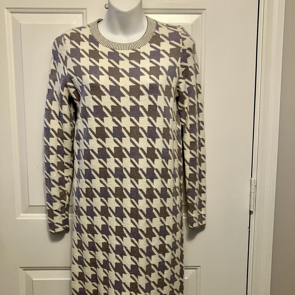 Ann Taylor‎ Women's Sz Small Petite SP Houndstooth Sweater Midi Dress Gray White